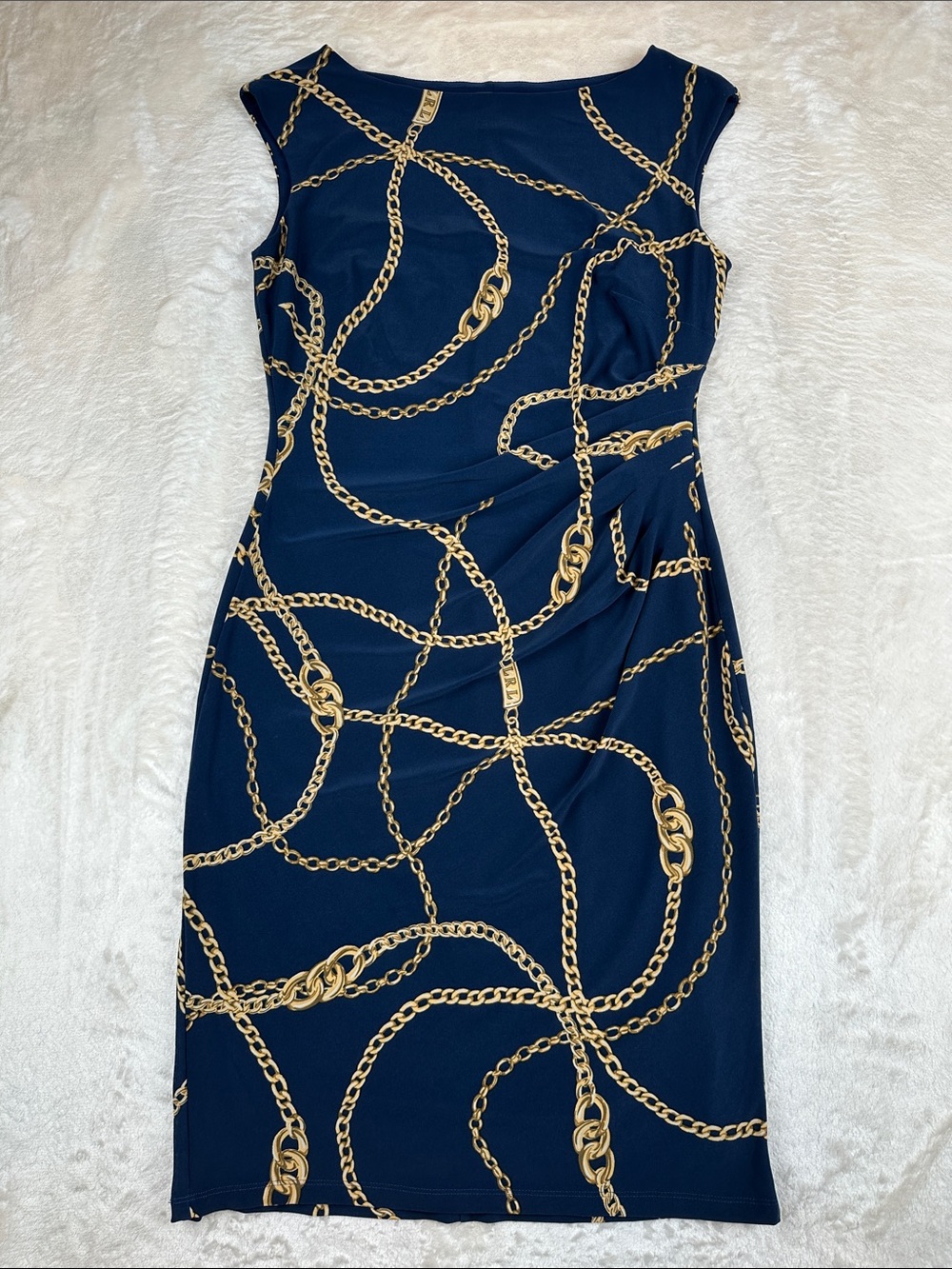 Lauren Ralph Lauren Womens 10 Navy Gold Chain Print Ruched Sheath Midi Dress